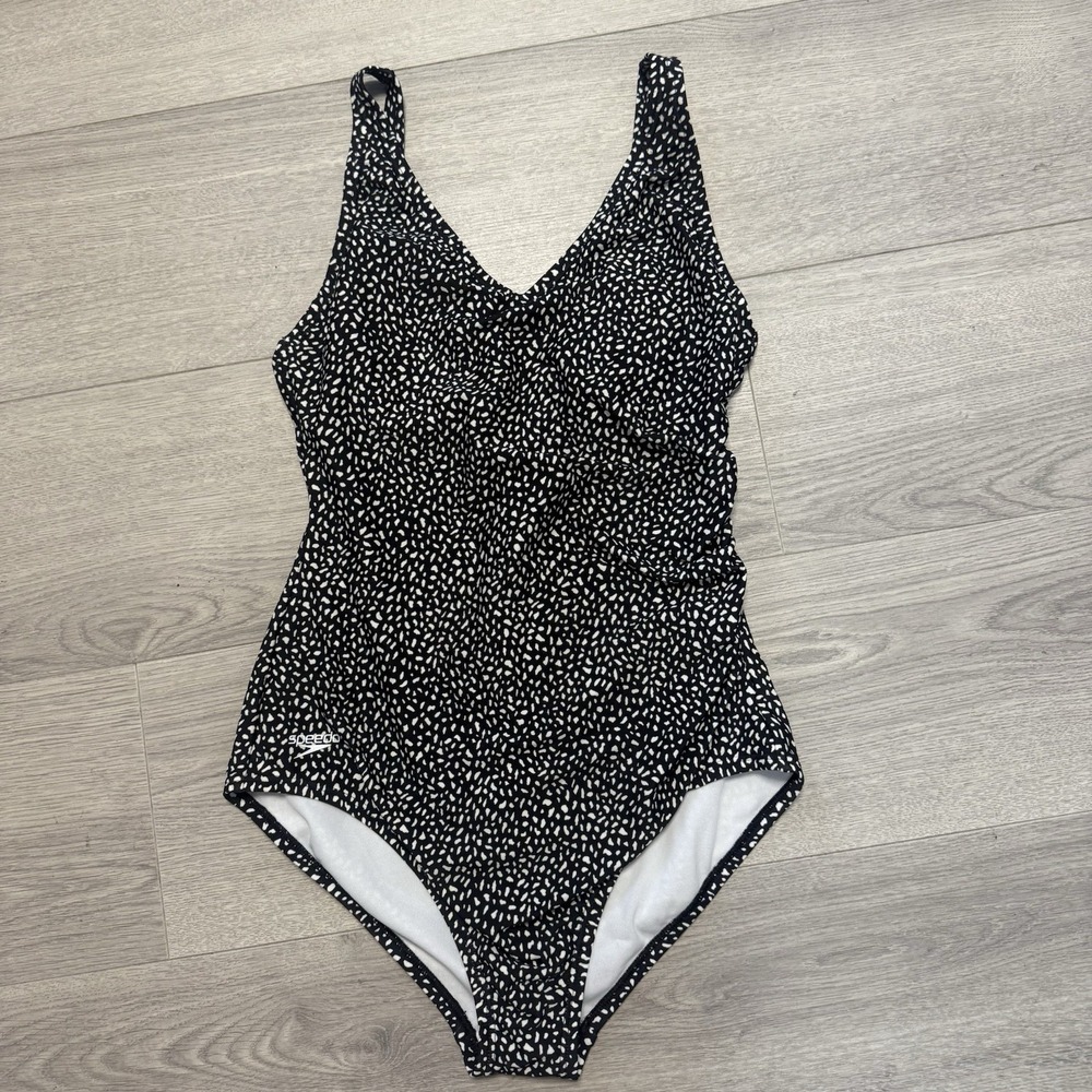 Speedo One Piece Swimsuit Women 10 Black White Animal Print V-Neck Athletic